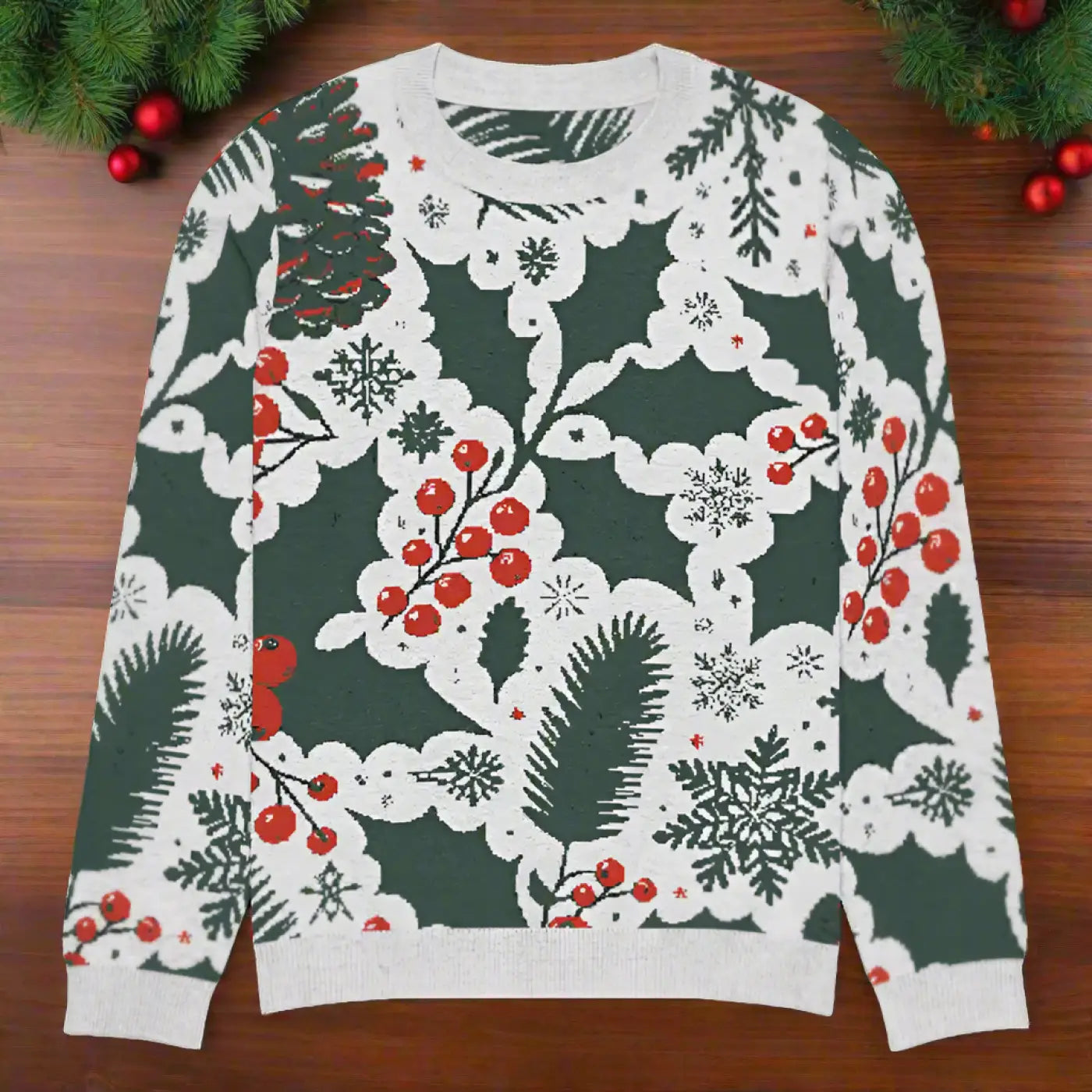 Knitted Crew Neck - Pine Leaves and Christmas Berries - DipaliZ