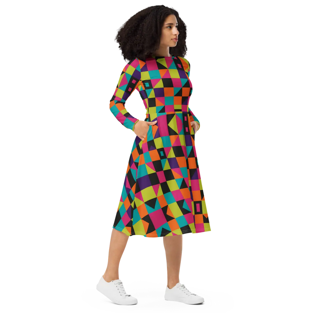 Long Sleeve Midi Dress - Green Geometric Pattern - DipaliZ