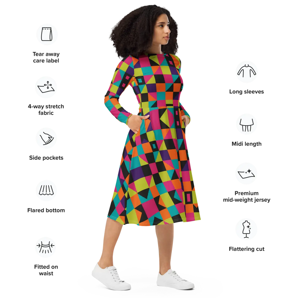 Long Sleeve Midi Dress - Green Geometric Pattern - DipaliZ