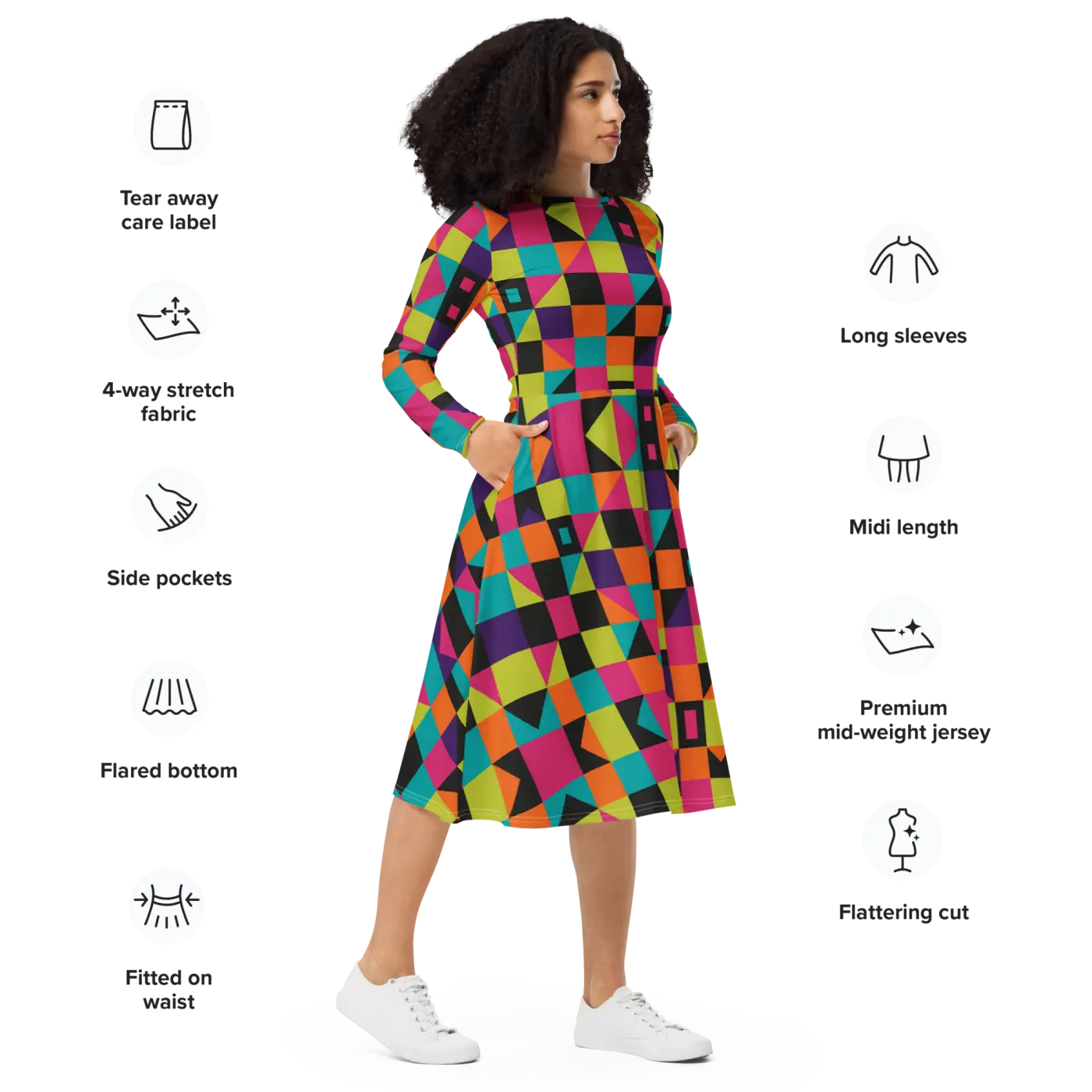 Long Sleeve Midi Dress - Green Geometric Pattern - DipaliZ