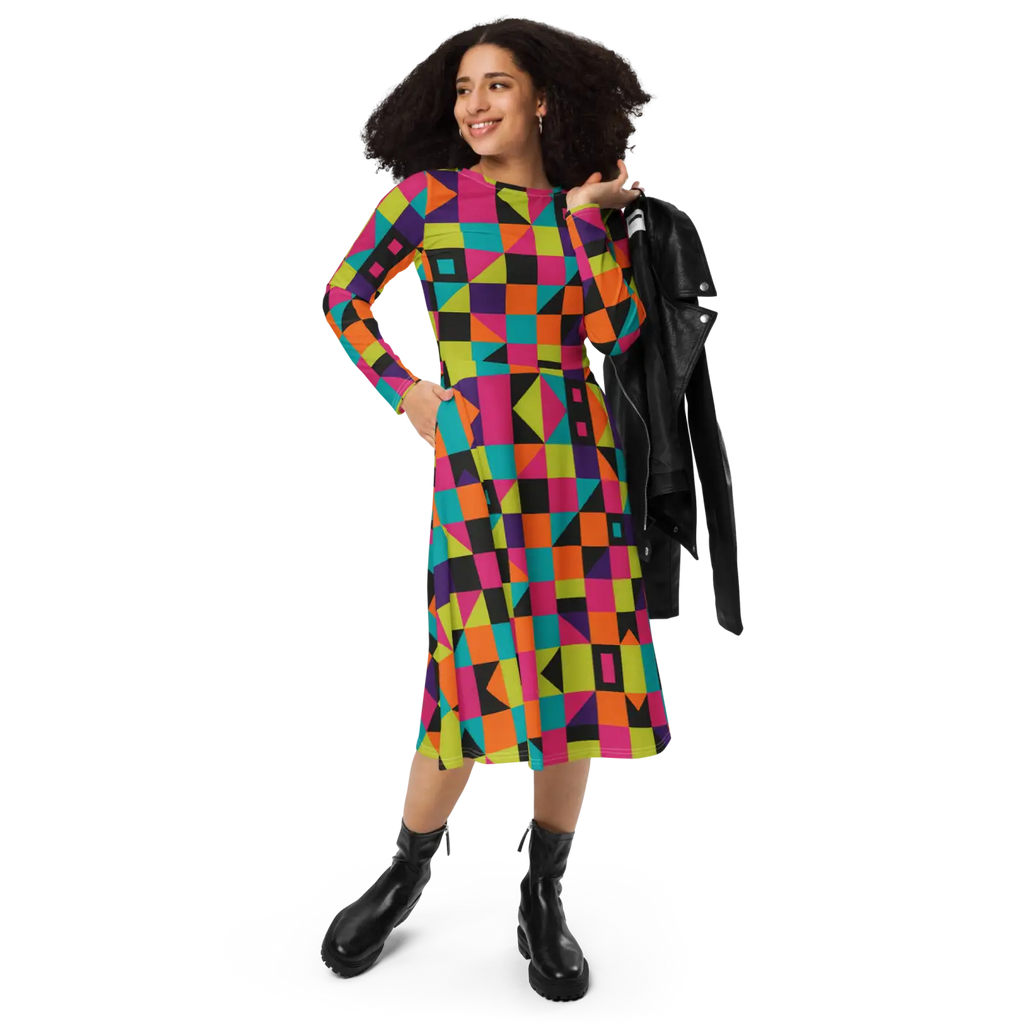 Long Sleeve Midi Dress - Green Geometric Pattern - DipaliZ