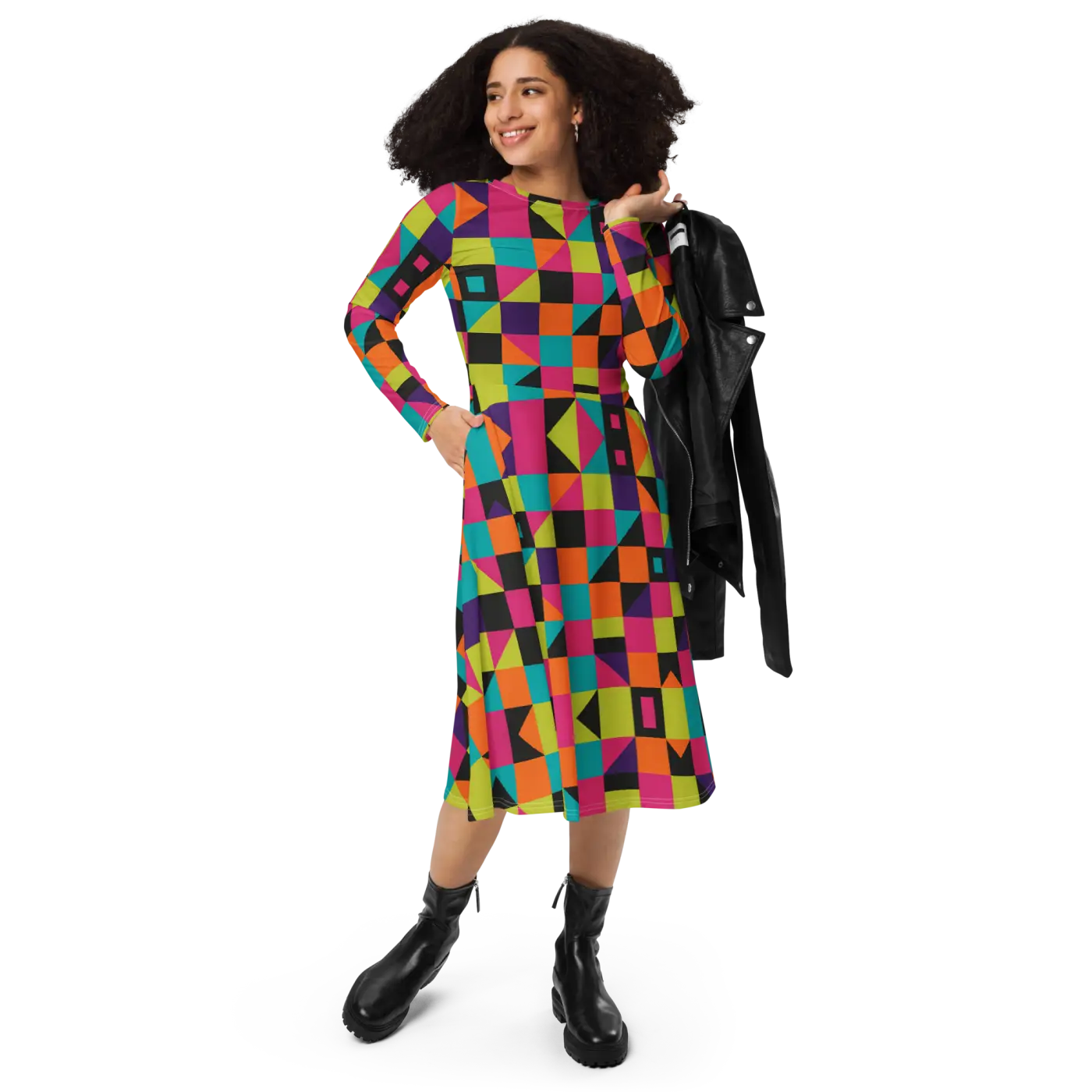 Long Sleeve Midi Dress - Green Geometric Pattern - DipaliZ