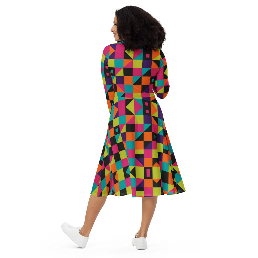 Long Sleeve Midi Dress - Green Geometric Pattern - DipaliZ
