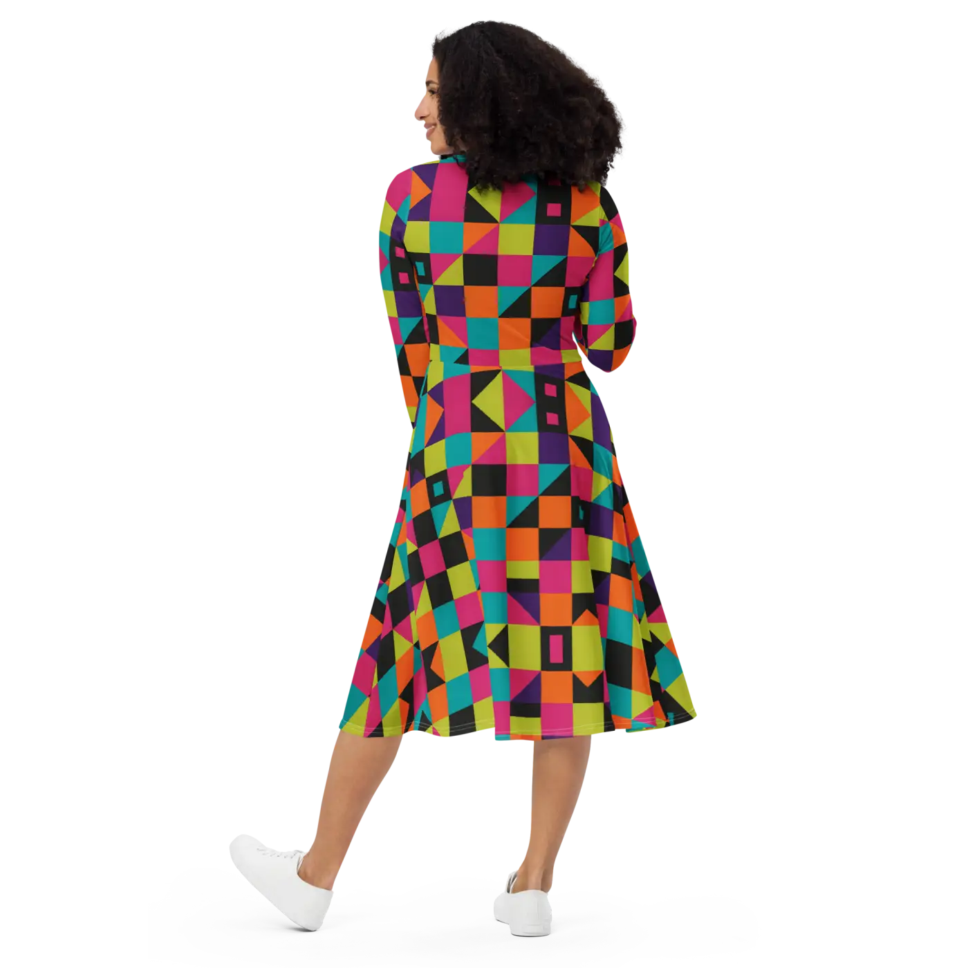 Long Sleeve Midi Dress - Green Geometric Pattern - DipaliZ