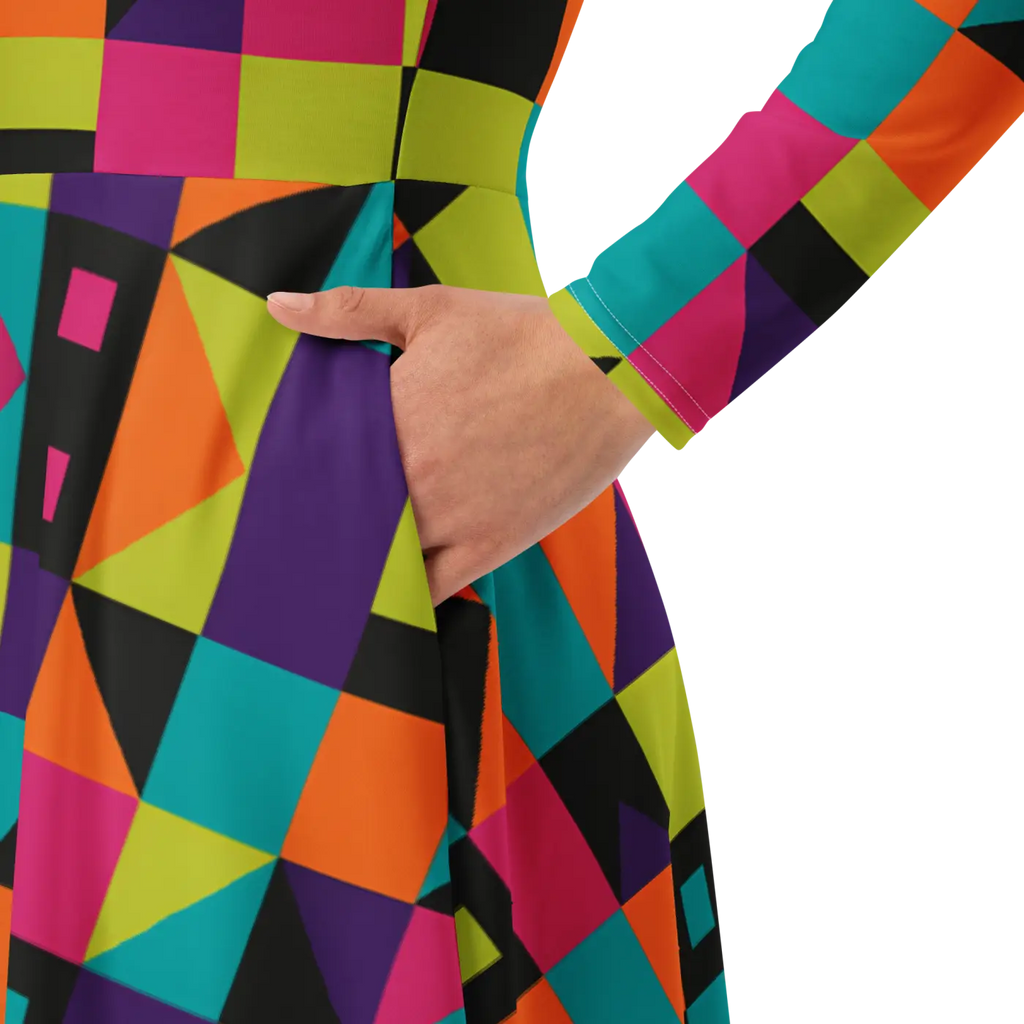 Long Sleeve Midi Dress - Green Geometric Pattern - DipaliZ