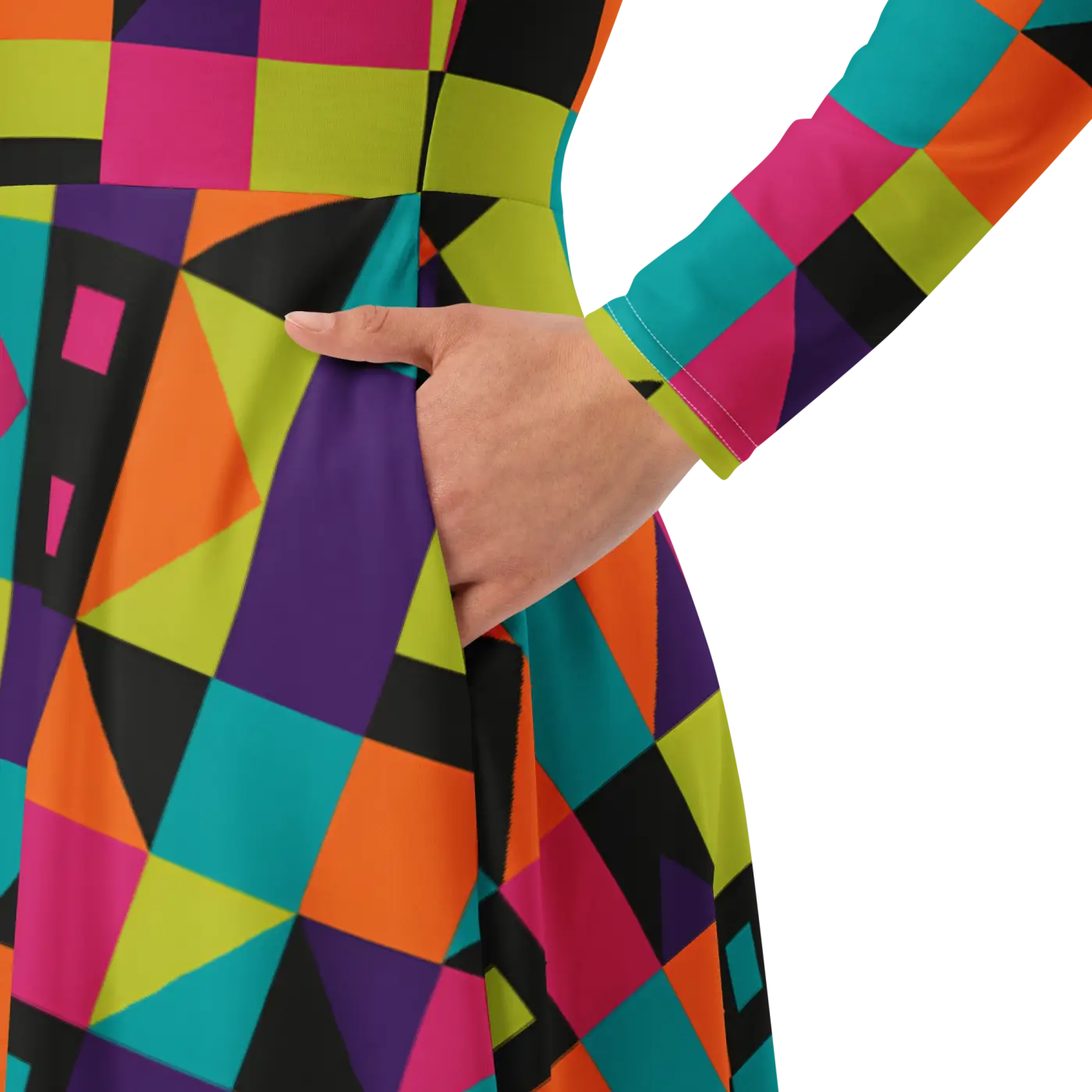 Long Sleeve Midi Dress - Green Geometric Pattern - DipaliZ