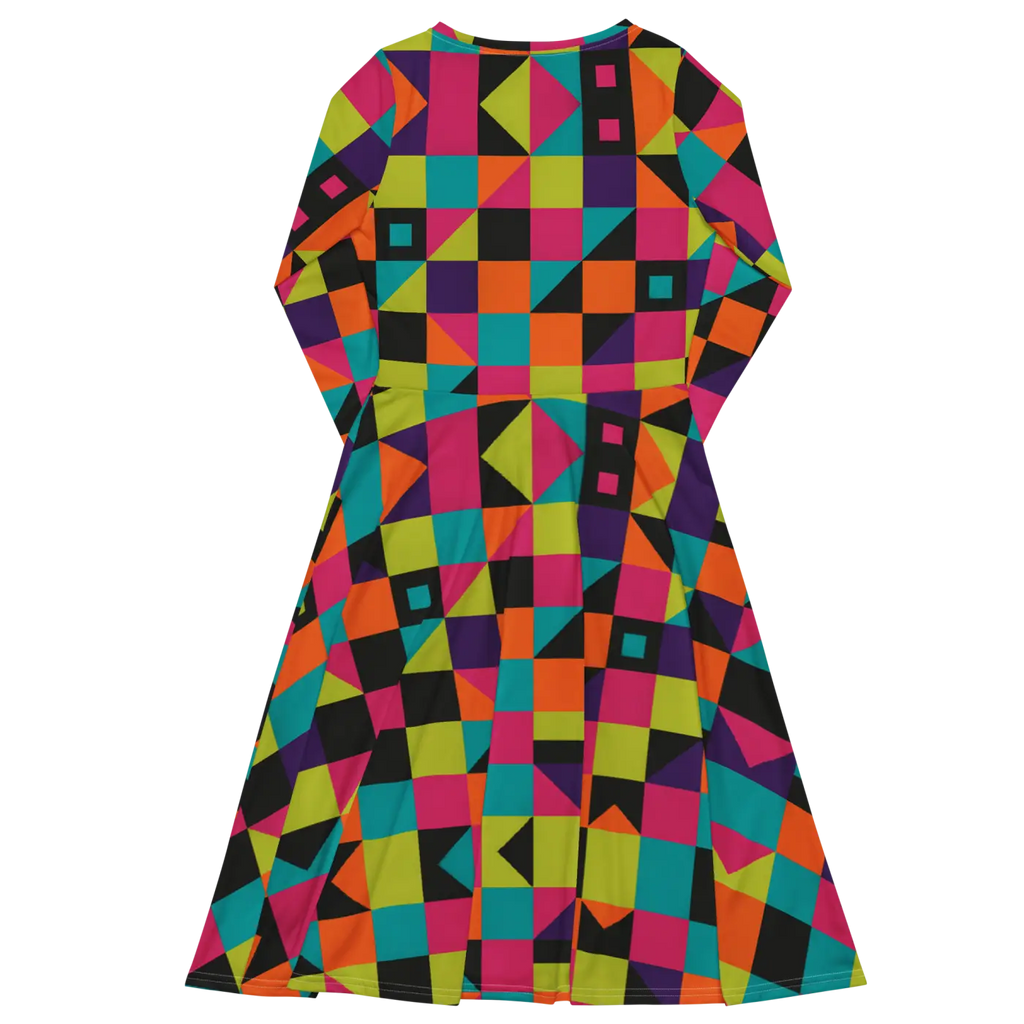 Long Sleeve Midi Dress - Green Geometric Pattern - DipaliZ
