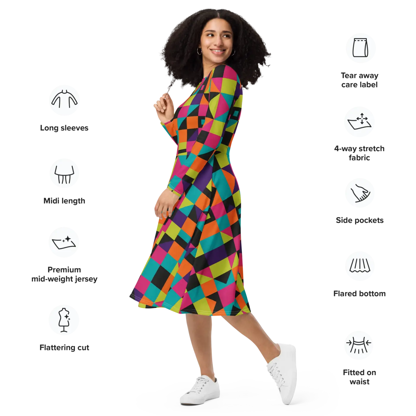 Long Sleeve Midi Dress - Green Geometric Pattern - DipaliZ