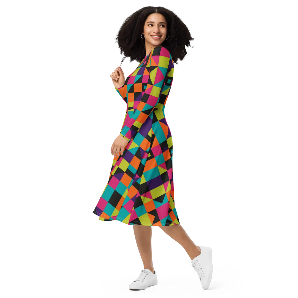 Long Sleeve Midi Dress - Green Geometric Pattern - DipaliZ
