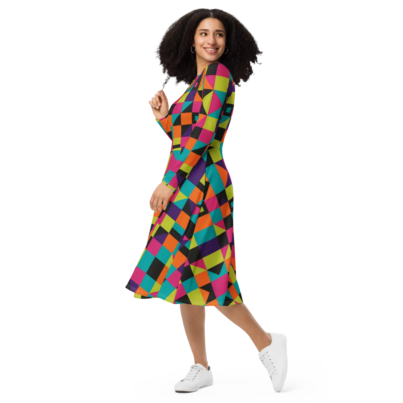 Long Sleeve Midi Dress - Green Geometric Pattern - DipaliZ