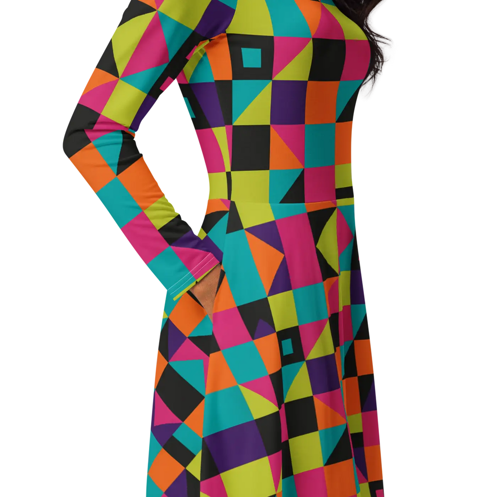 Long Sleeve Midi Dress - Green Geometric Pattern - DipaliZ