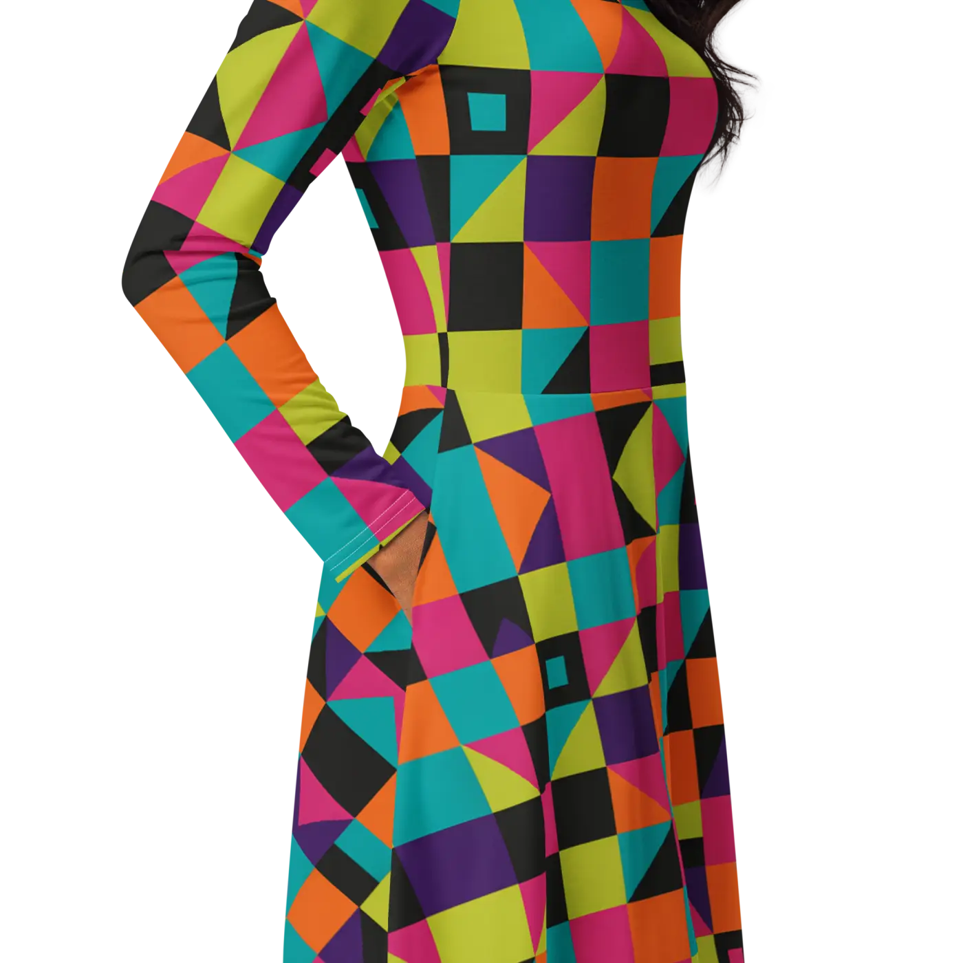 Long Sleeve Midi Dress - Green Geometric Pattern - DipaliZ