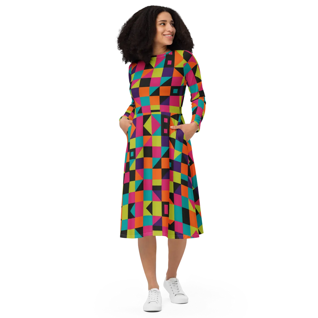 Long Sleeve Midi Dress - Green Geometric Pattern - DipaliZ