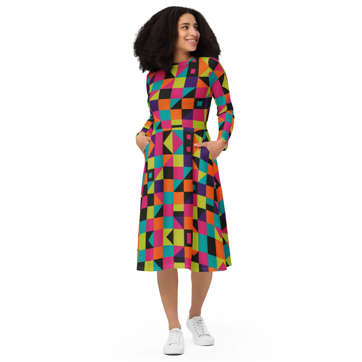 Long Sleeve Midi Dress - Green Geometric Pattern - DipaliZ