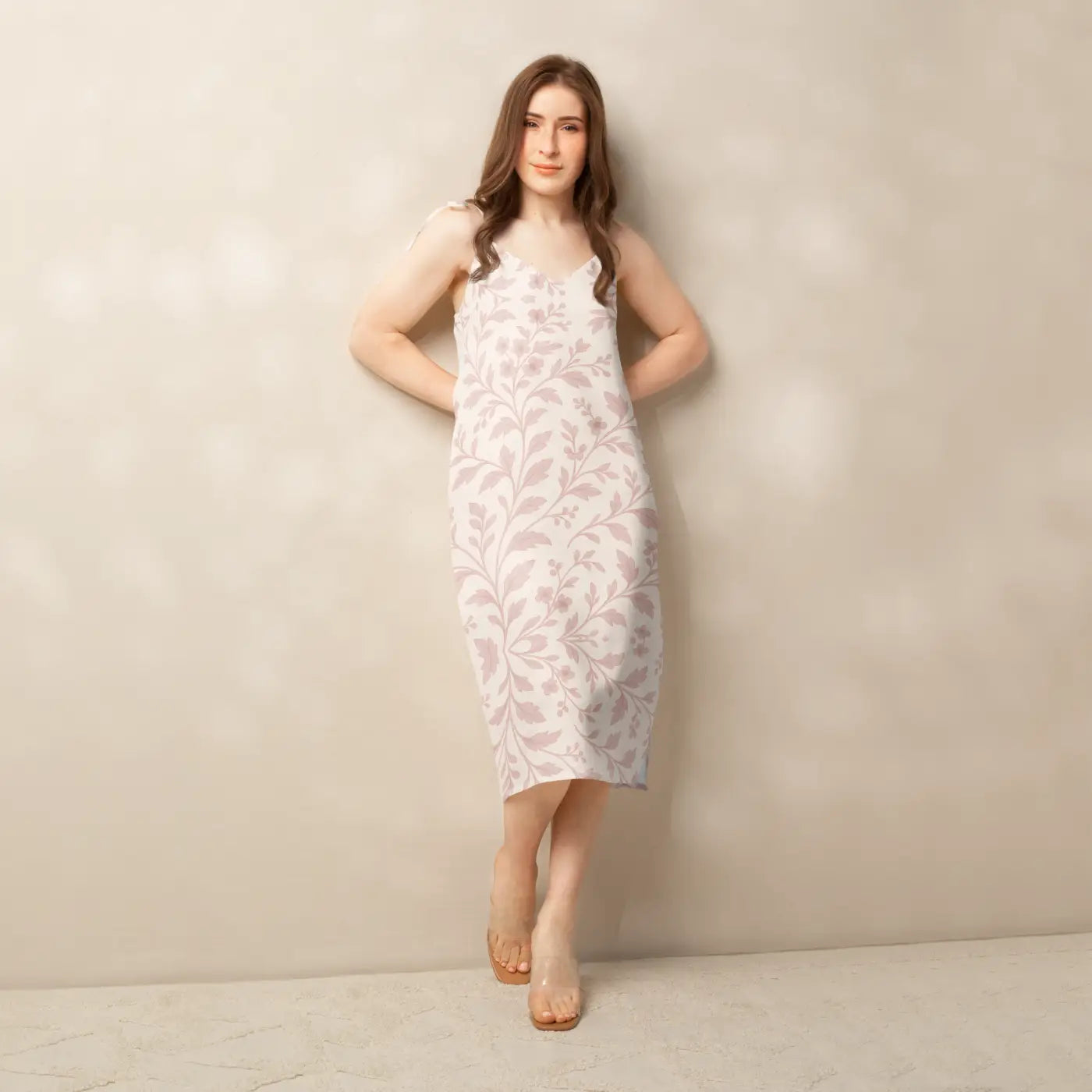 Midi Dress - Pink Floral Vines with Built-In Bra - DipaliZ