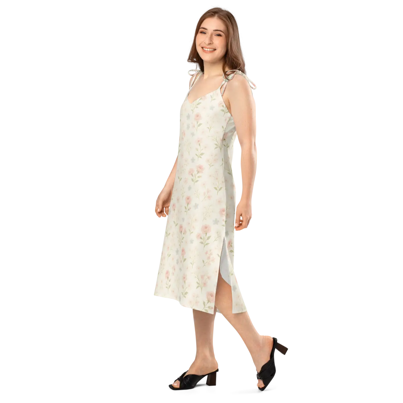 Pink Flowers Midi Dress - Built-In Bra Support - DipaliZ