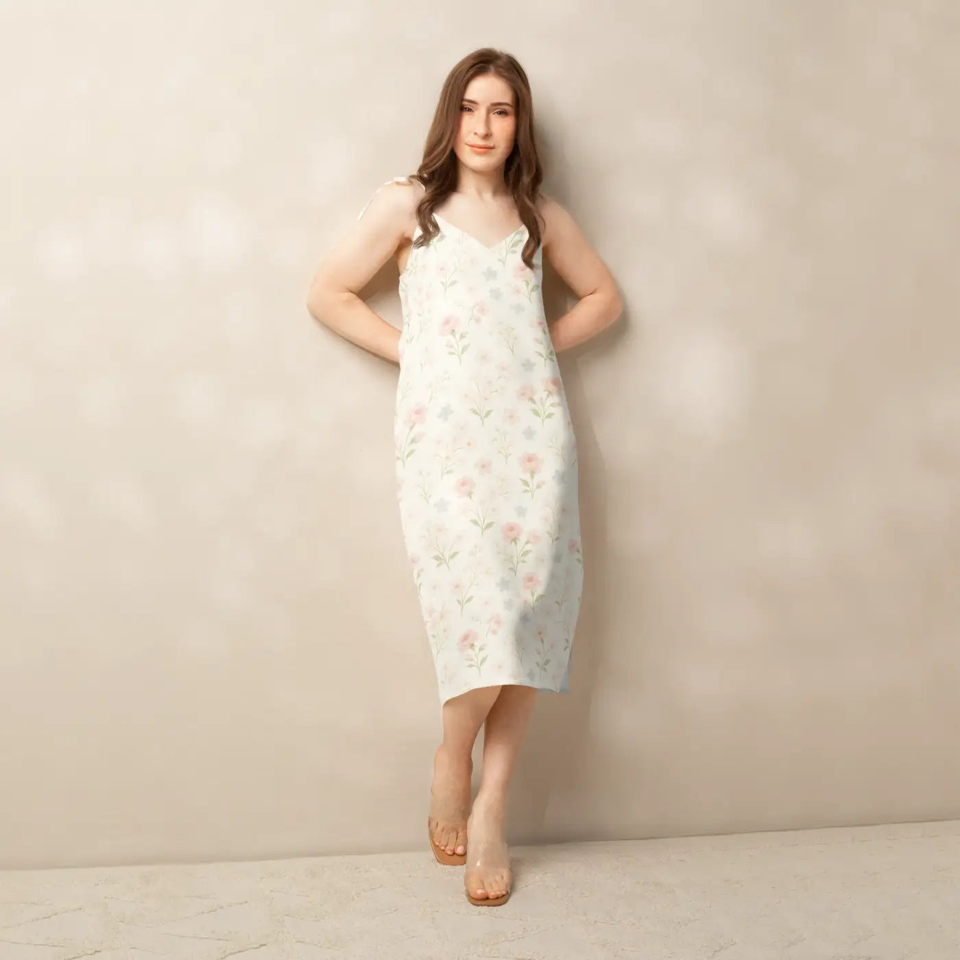 Pink Flowers Midi Dress - Built-In Bra Support - DipaliZ