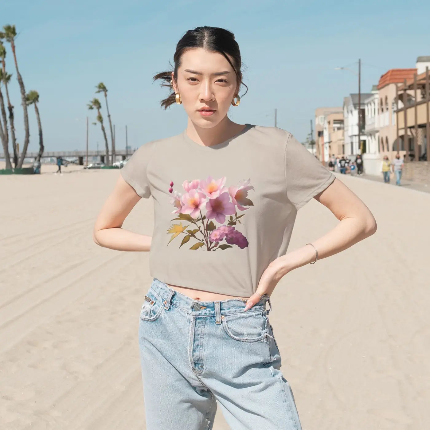 Vibrant Pink Flowers Flowy Cropped Tee - Women's Fashion - DipaliZ