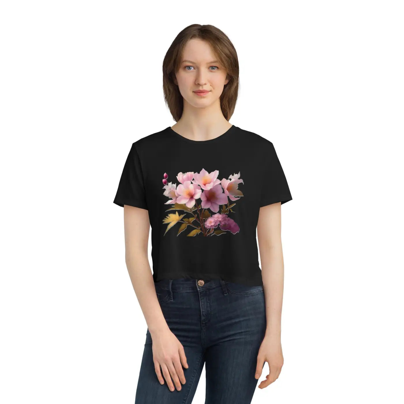 Vibrant Pink Flowers Flowy Cropped Tee - Women's Fashion - DipaliZ