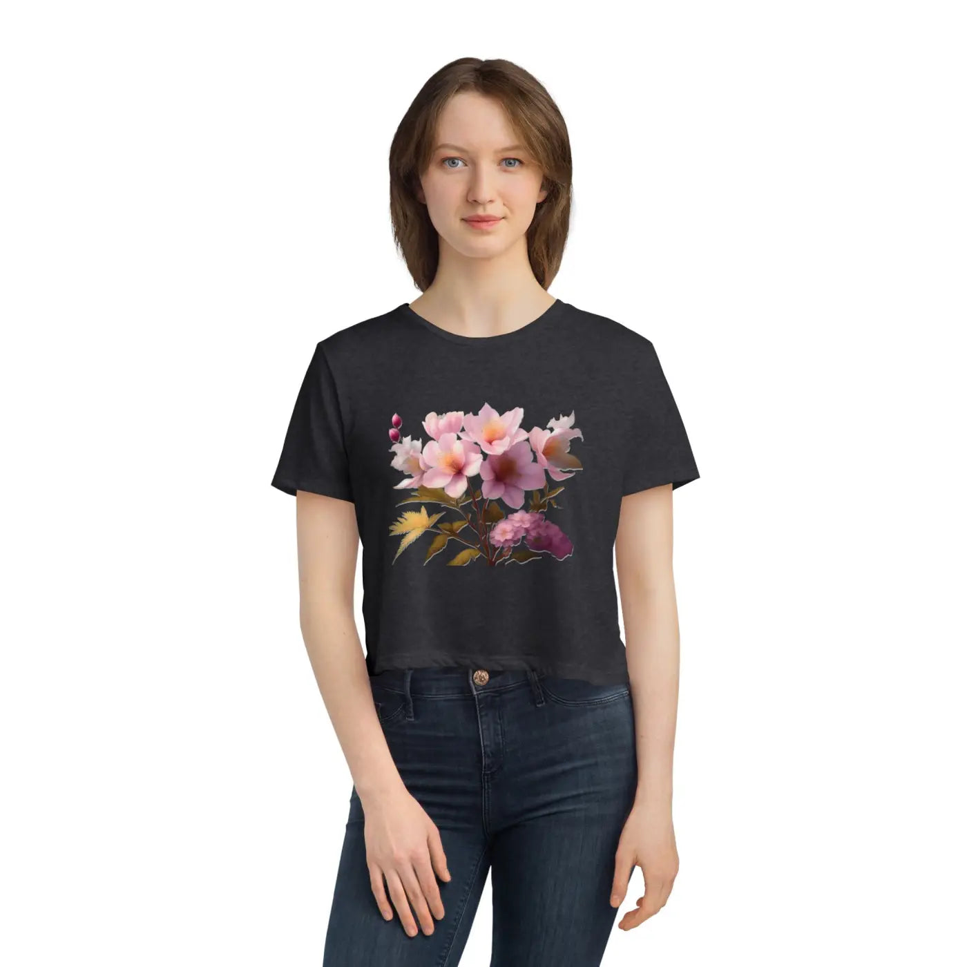 Vibrant Pink Flowers Flowy Cropped Tee - Women's Fashion - DipaliZ