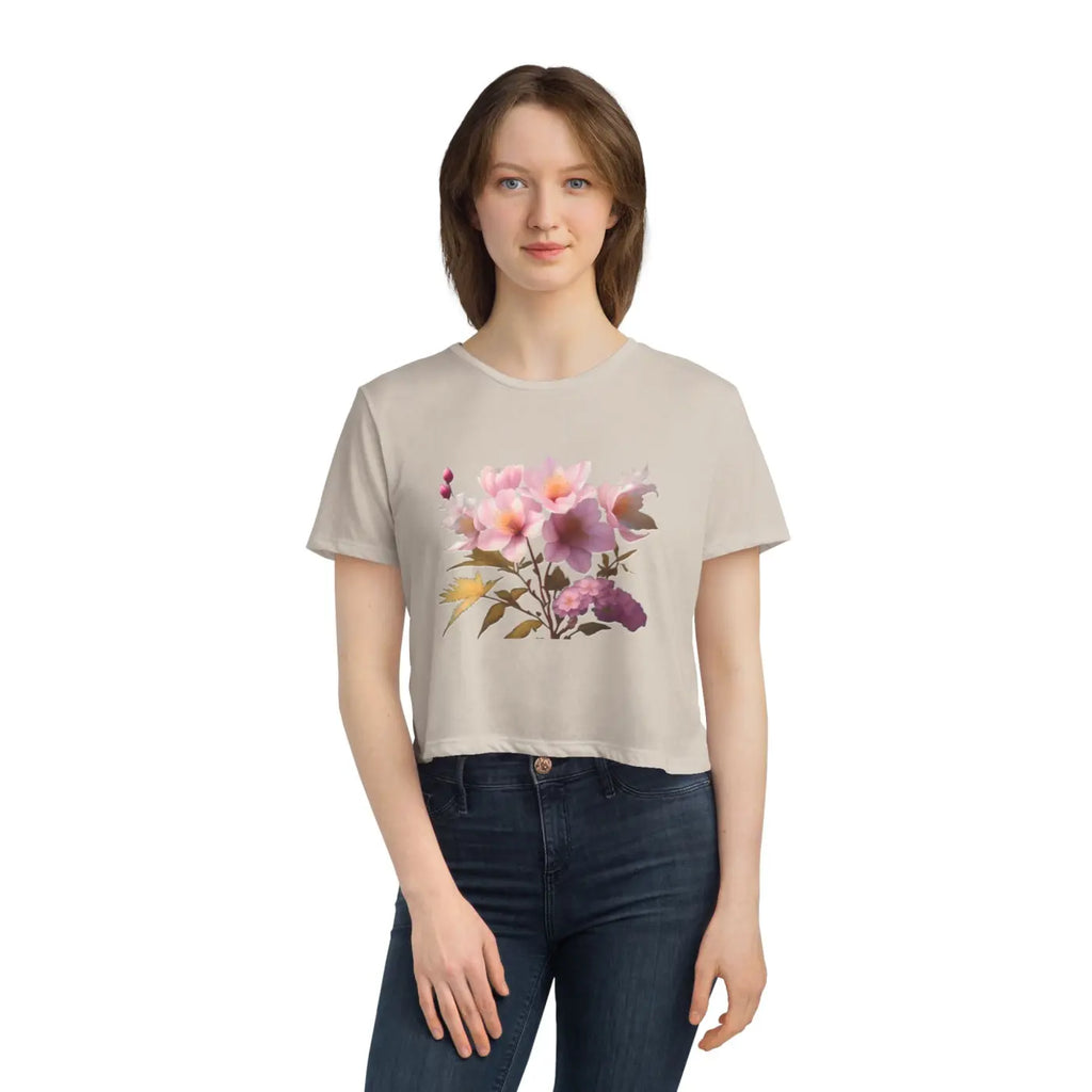 Vibrant Pink Flowers Flowy Cropped Tee - Women's Fashion - DipaliZ