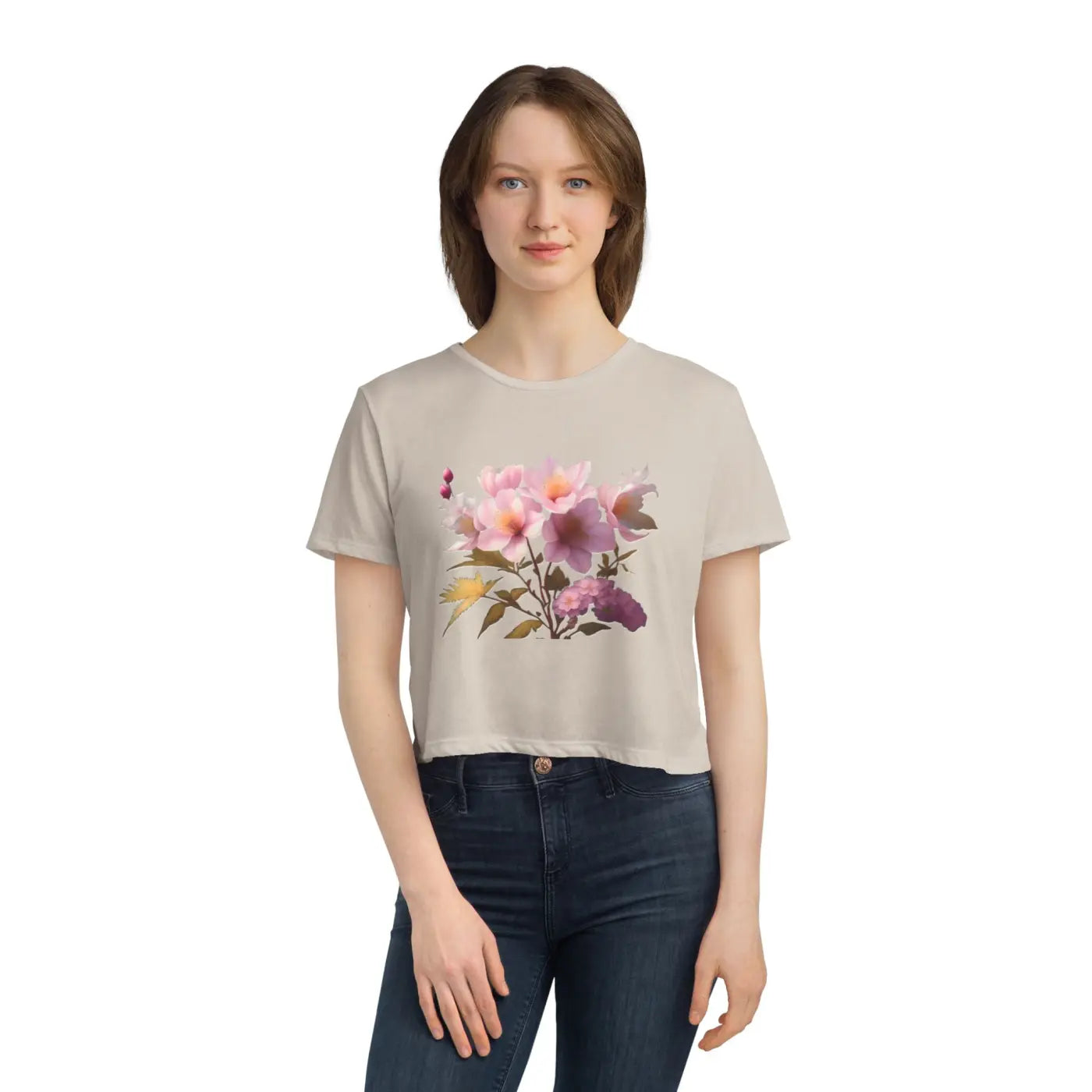 Vibrant Pink Flowers Flowy Cropped Tee - Women's Fashion - DipaliZ