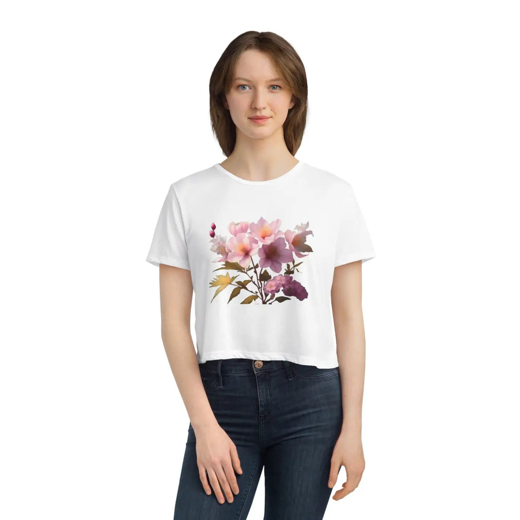 Vibrant Pink Flowers Flowy Cropped Tee - Women's Fashion - DipaliZ