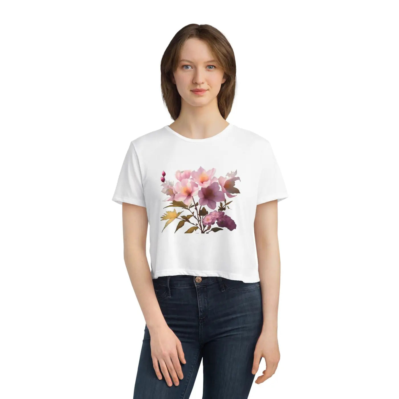 Vibrant Pink Flowers Flowy Cropped Tee - Women's Fashion - DipaliZ