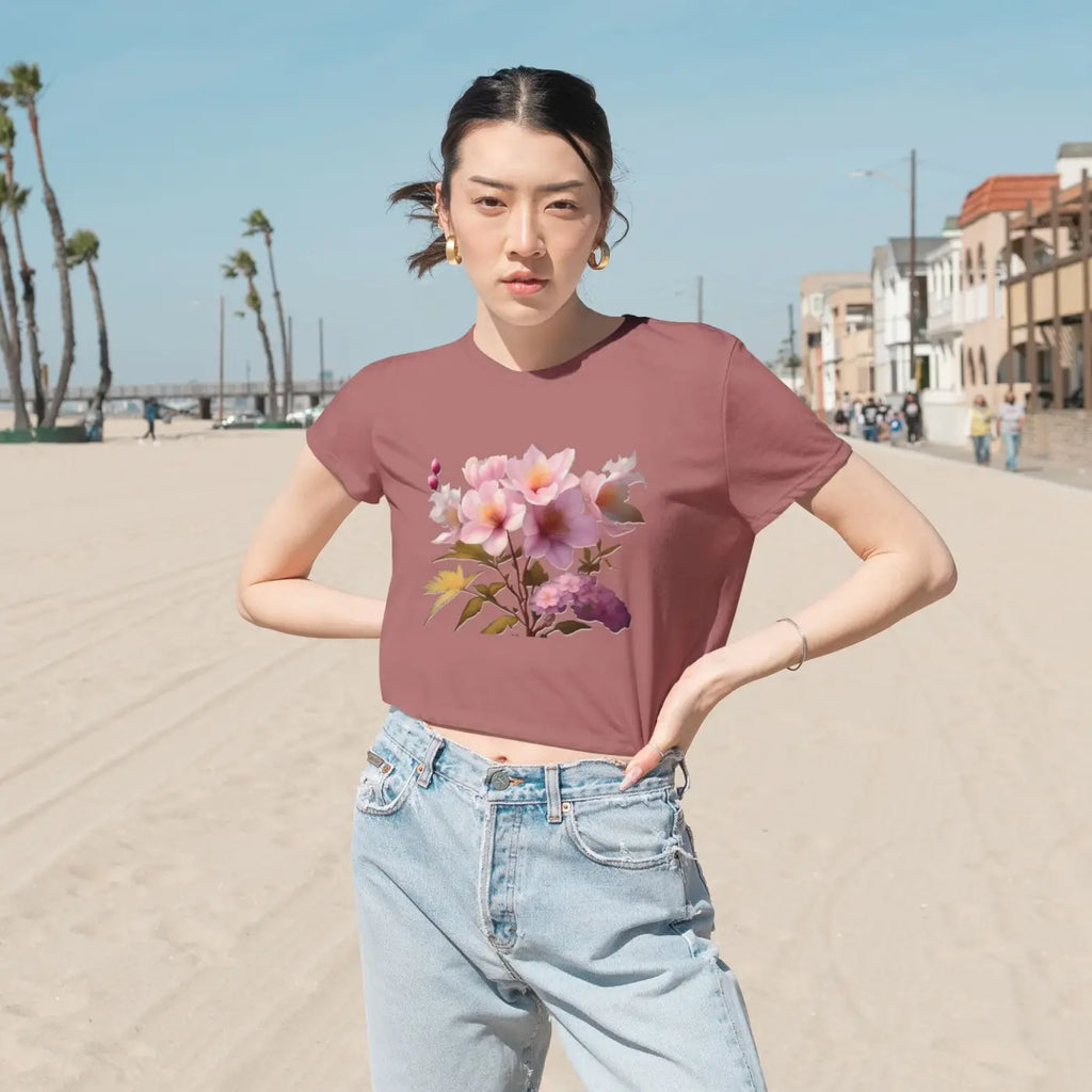 Vibrant Pink Flowers Flowy Cropped Tee - Women's Fashion - DipaliZ