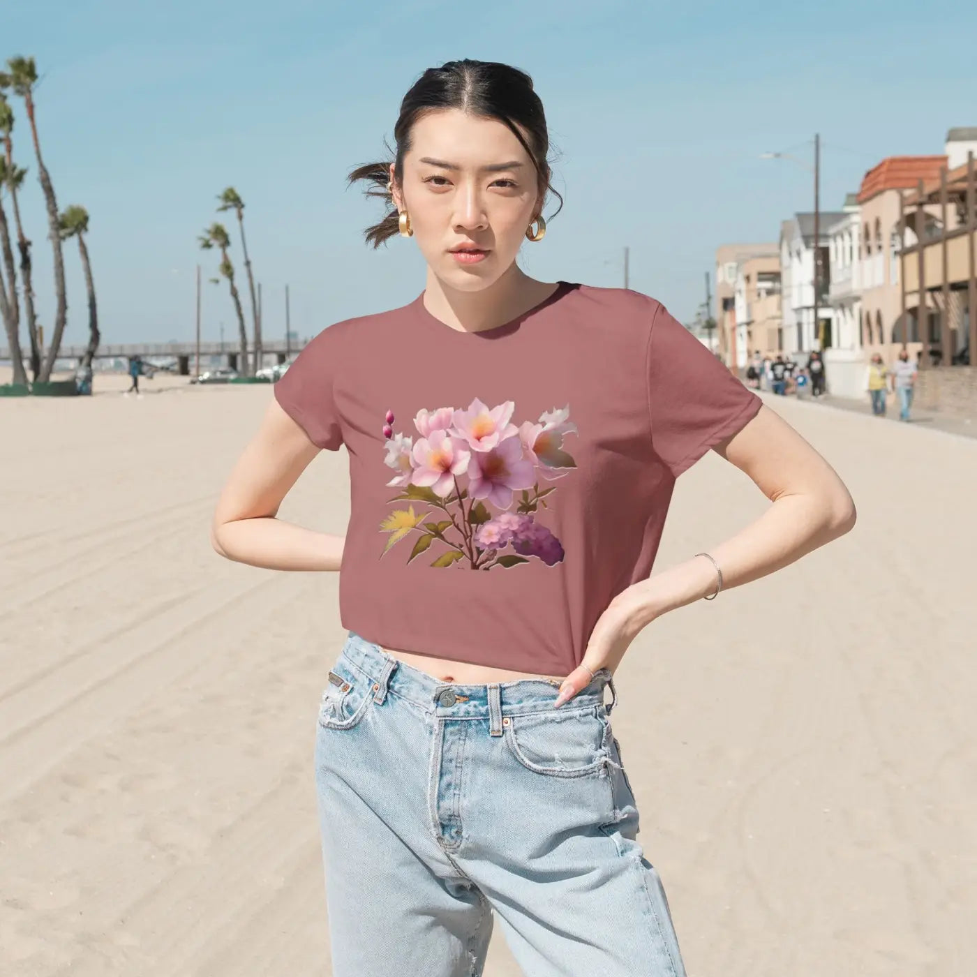 Vibrant Pink Flowers Flowy Cropped Tee - Women's Fashion - DipaliZ