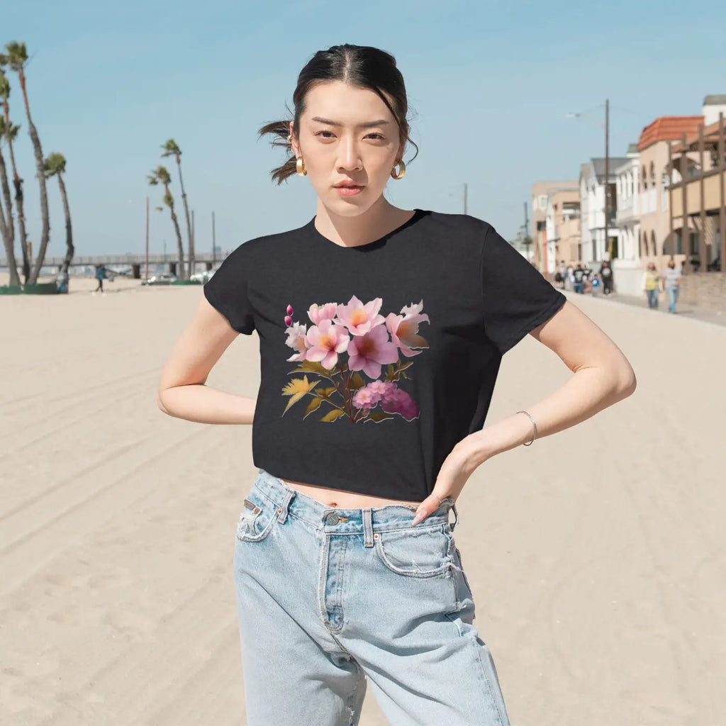 Vibrant Pink Flowers Flowy Cropped Tee - Women's Fashion - DipaliZ