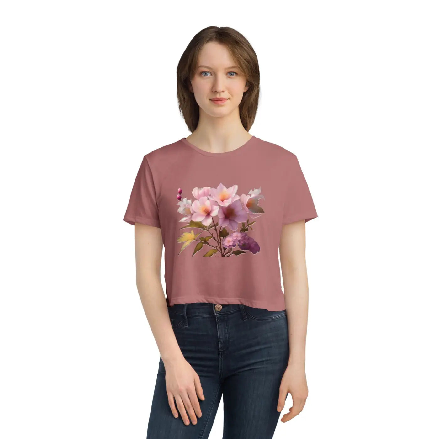 Vibrant Pink Flowers Flowy Cropped Tee - Women's Fashion - DipaliZ