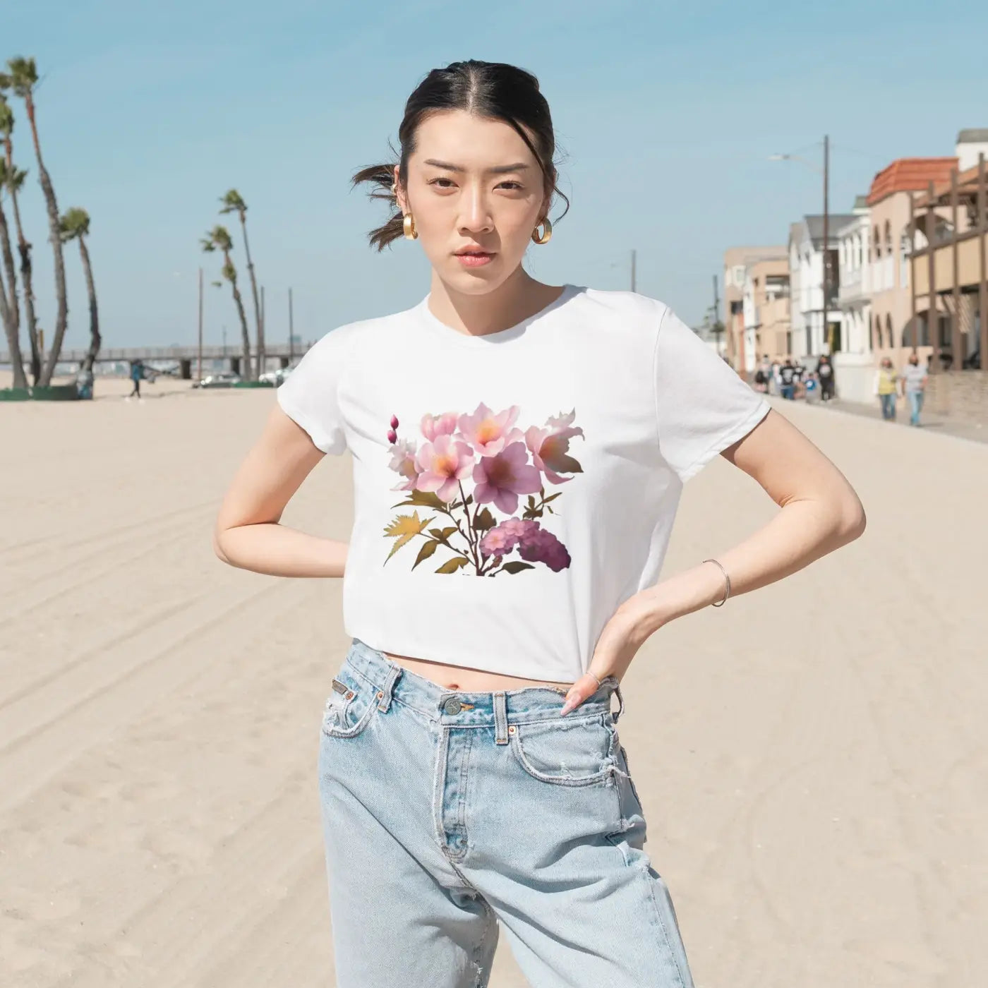 Vibrant Pink Flowers Flowy Cropped Tee - Women's Fashion - DipaliZ
