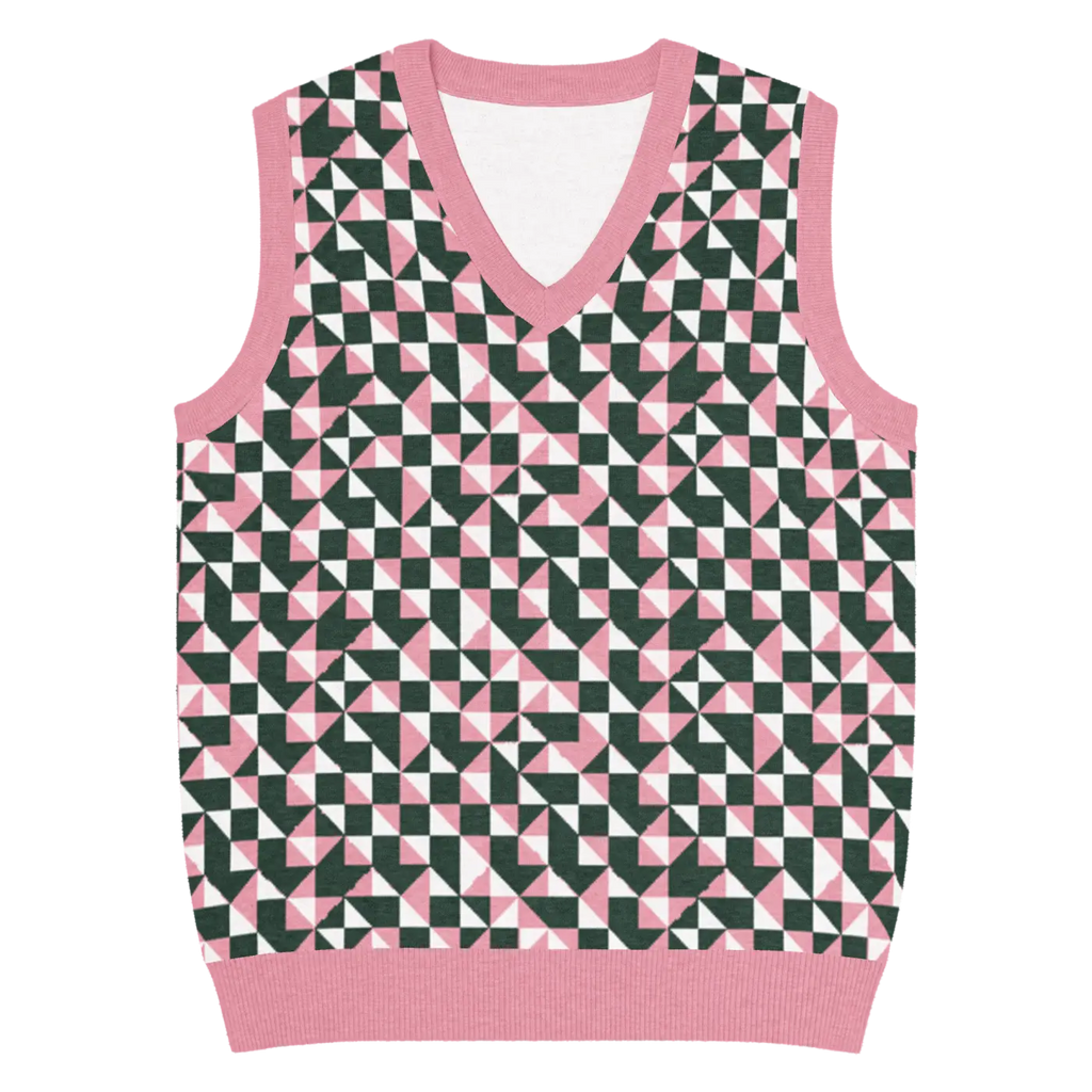 Knit V-Neck Vest - Pink Geometric Origami Pattern - DipaliZ