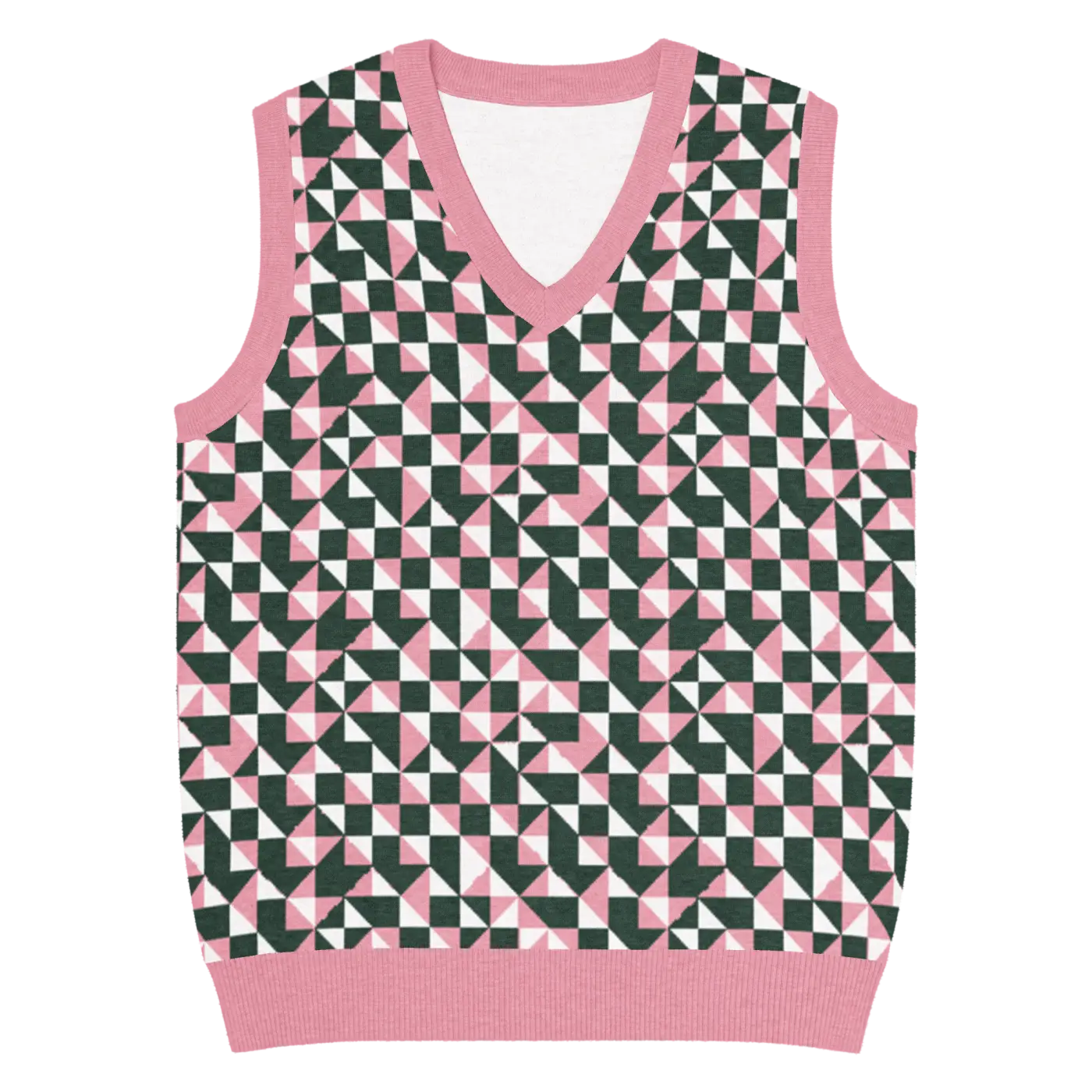 Knit V-Neck Vest - Pink Geometric Origami Pattern - DipaliZ