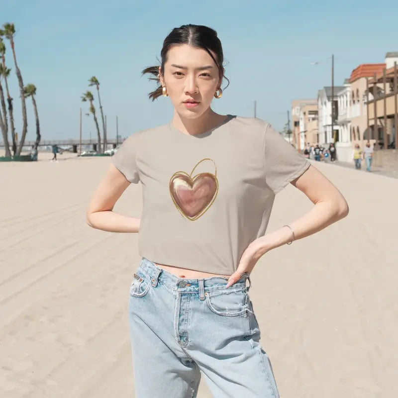 Flowy Cropped Tee - Pink Heart Gold Lining Design - DipaliZ