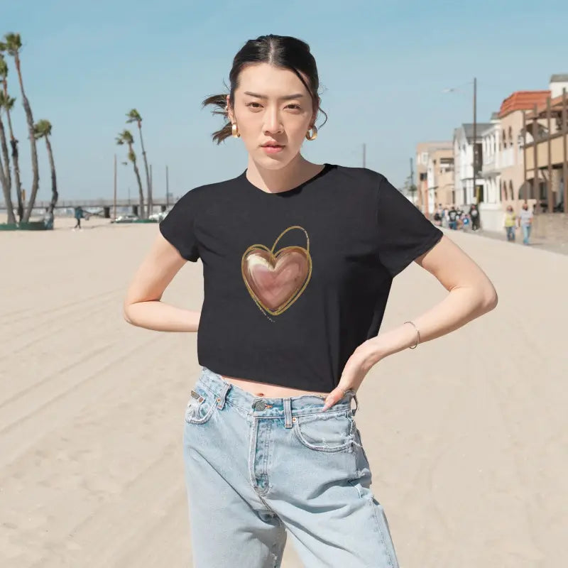 Flowy Cropped Tee - Pink Heart Gold Lining Design - DipaliZ