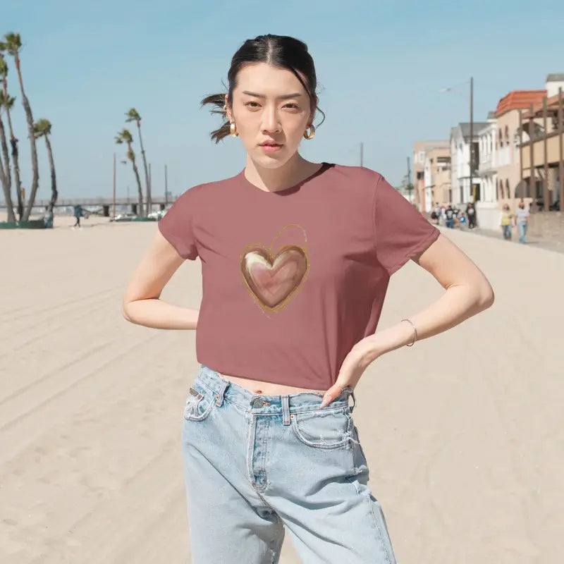 Flowy Cropped Tee - Pink Heart Gold Lining Design - DipaliZ