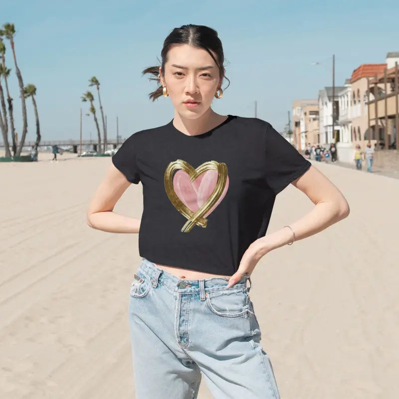 Flowy Cropped Tee - Pink Heart Gold Lining - DipaliZ