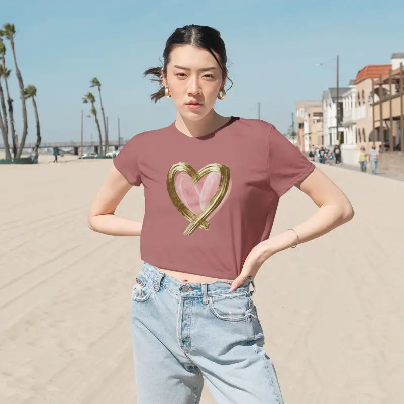 Flowy Cropped Tee - Pink Heart Gold Lining - DipaliZ