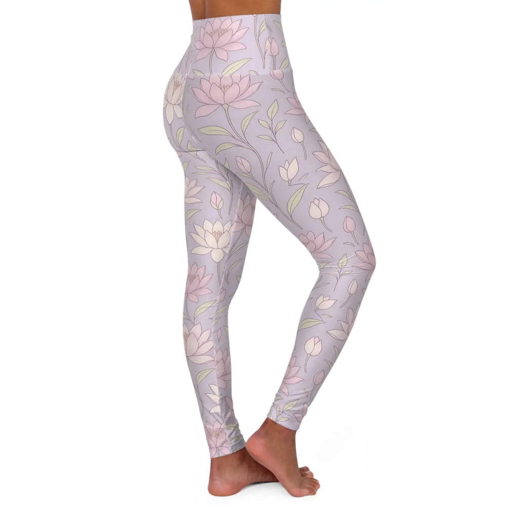Premium High Waisted Yoga Leggings - Pink Lotus Flowers - DipaliZ