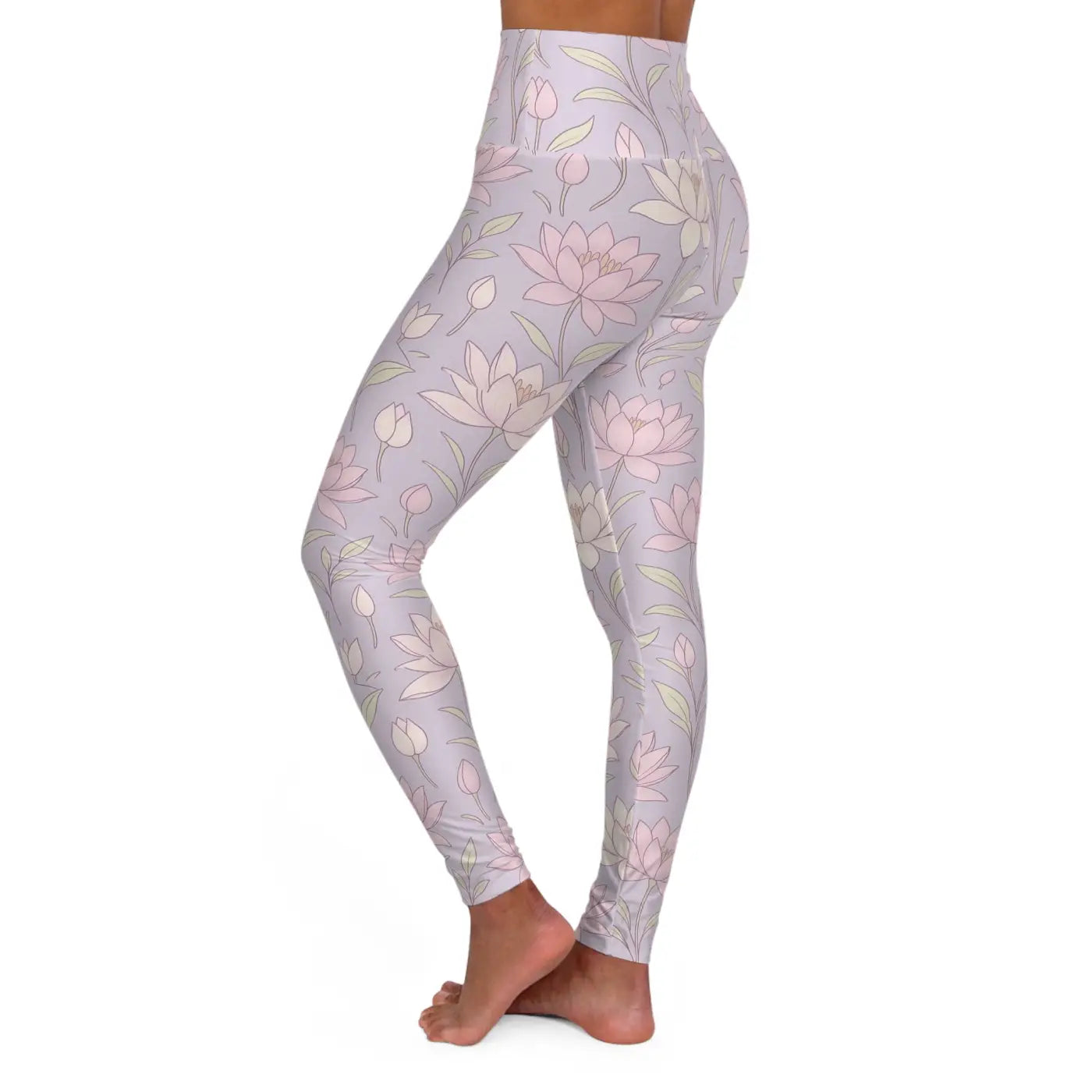 Premium High Waisted Yoga Leggings - Pink Lotus Flowers - DipaliZ
