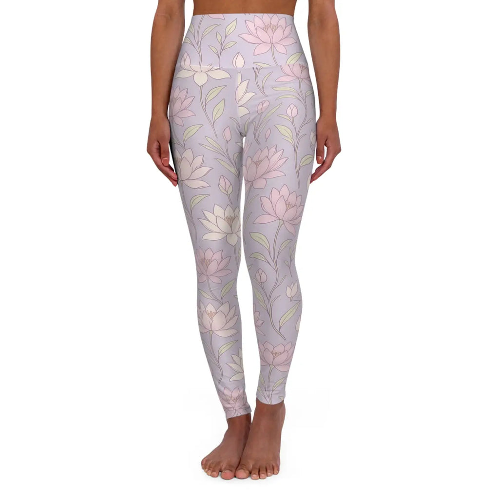 Premium High Waisted Yoga Leggings - Pink Lotus Flowers - DipaliZ