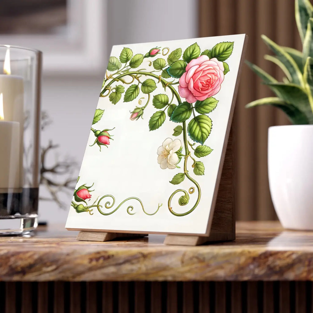 Enchanting Pink Rose Climber Ceramic Wall Tile - DipaliZ