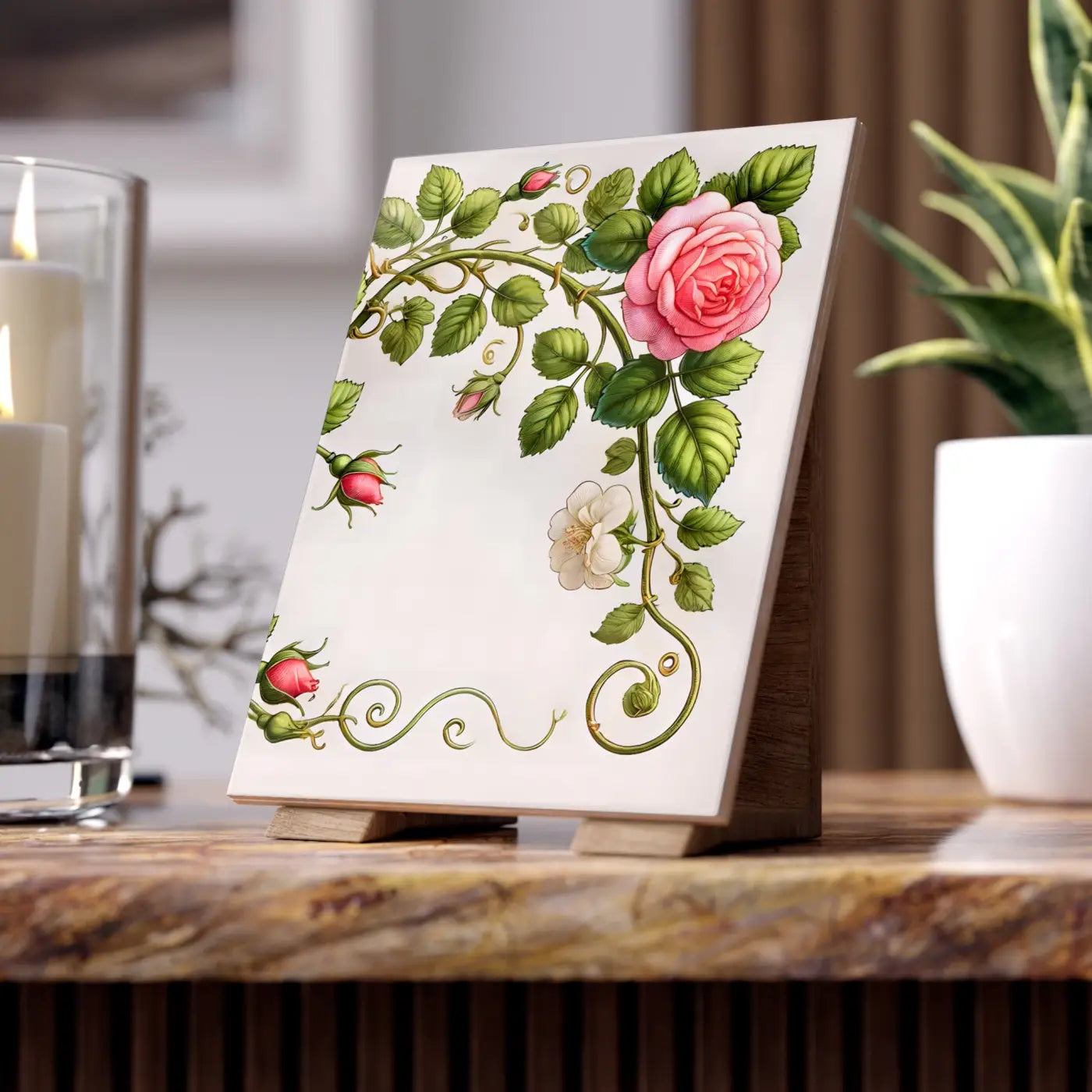 Enchanting Pink Rose Climber Ceramic Wall Tile - DipaliZ