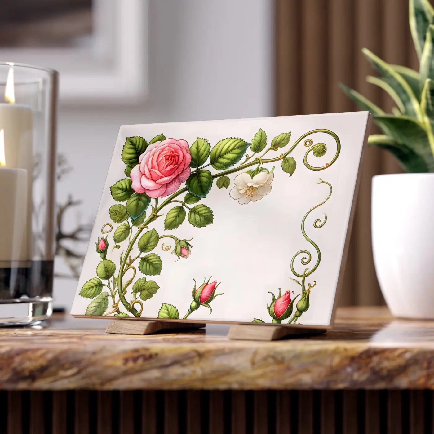 Enchanting Pink Rose Climber Ceramic Wall Tile - DipaliZ