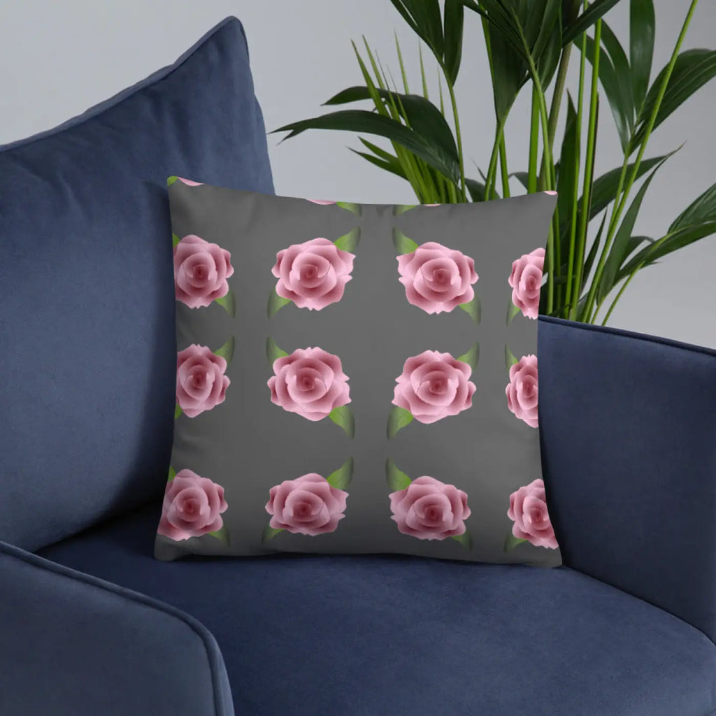 Grey Throw Pillows with Pink Roses - Concealed Zipper - DipaliZ