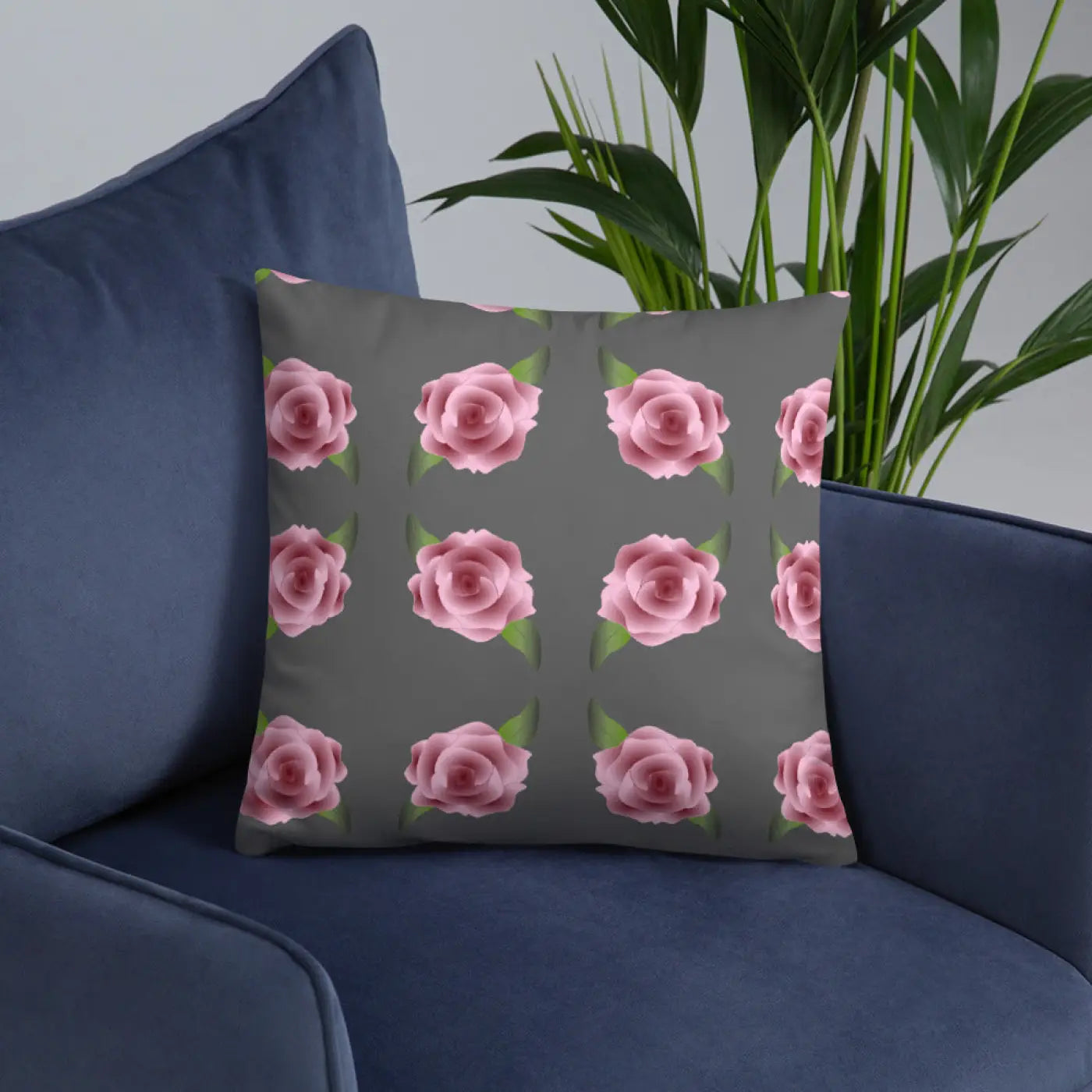 Grey Throw Pillows with Pink Roses - Concealed Zipper - DipaliZ