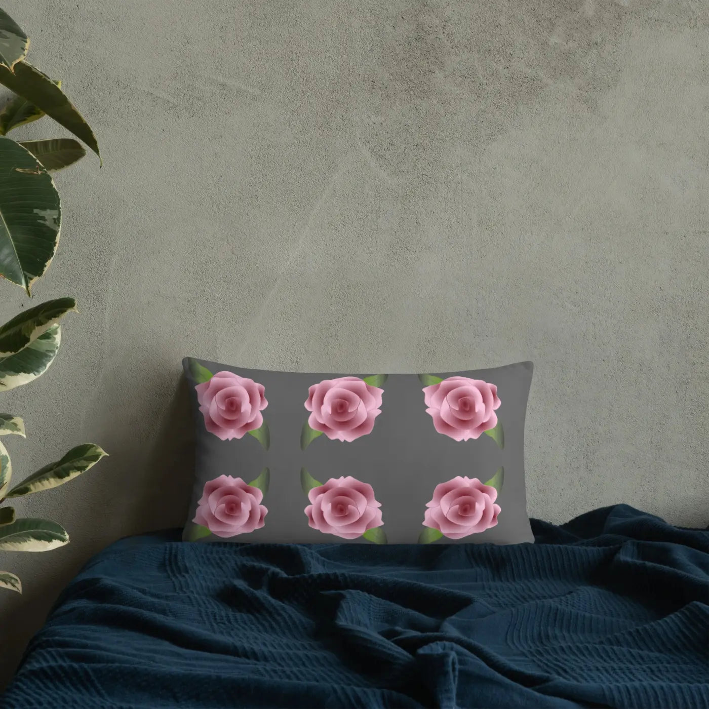 Grey Throw Pillows with Pink Roses - Concealed Zipper - DipaliZ