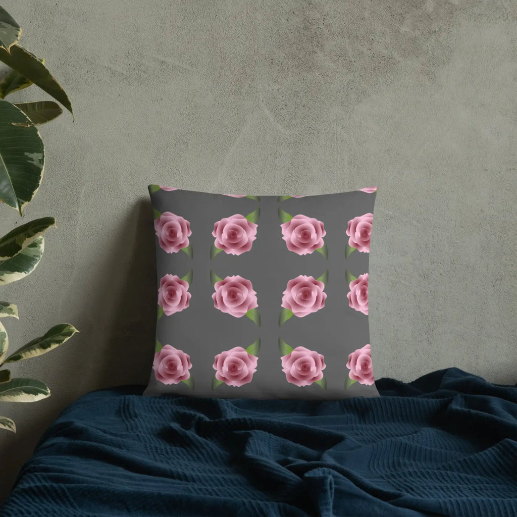 Grey Throw Pillows with Pink Roses - Concealed Zipper - DipaliZ